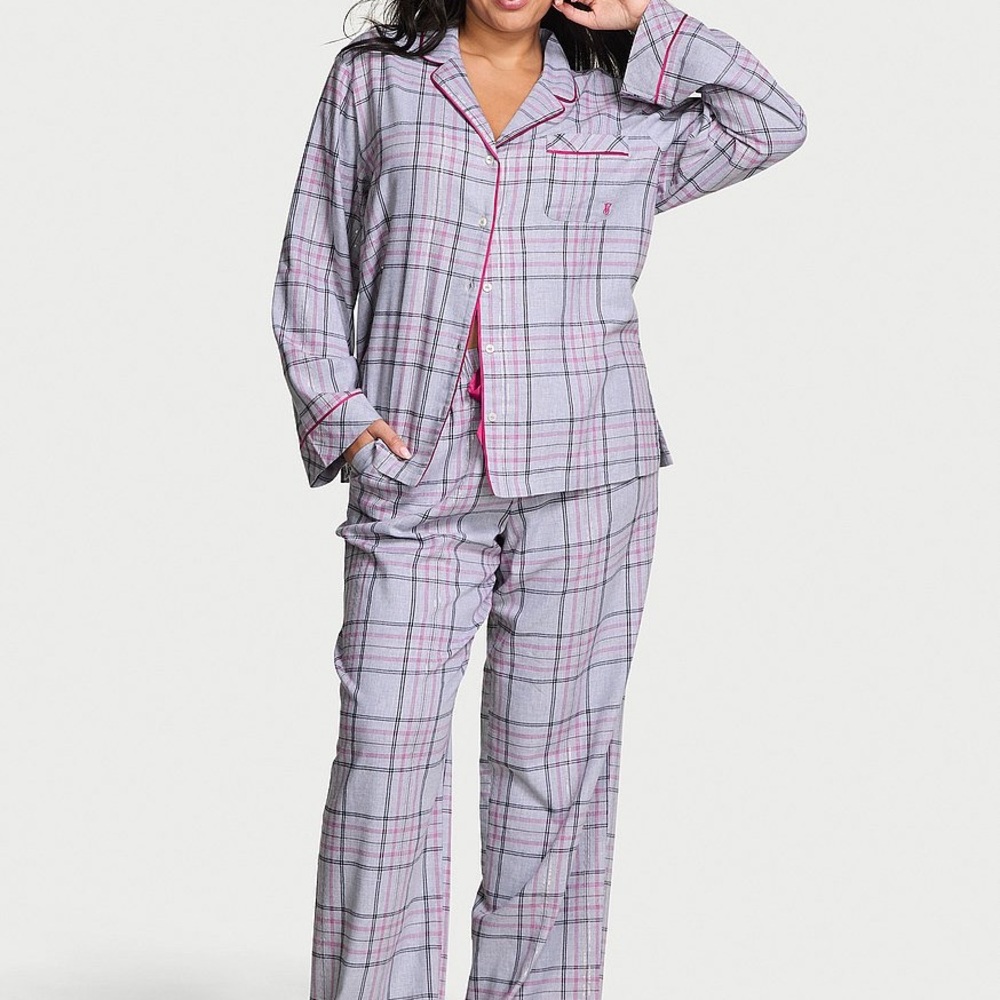 Women's Plaid Button-Front Pajama Set in Light Gray and Pink